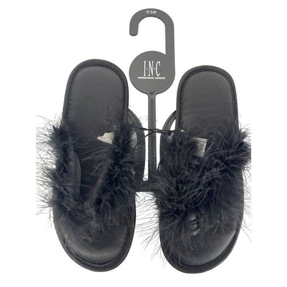 INC International Concepts Black Feather Faux Fur Slippers Womens Size 5-6 - Picture 2 of 12